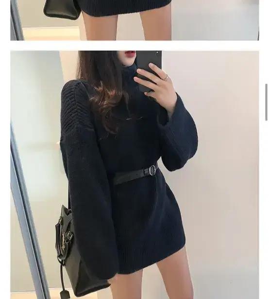 히니크 터틀넥 목폴라 미니 니트 원피스 네이비