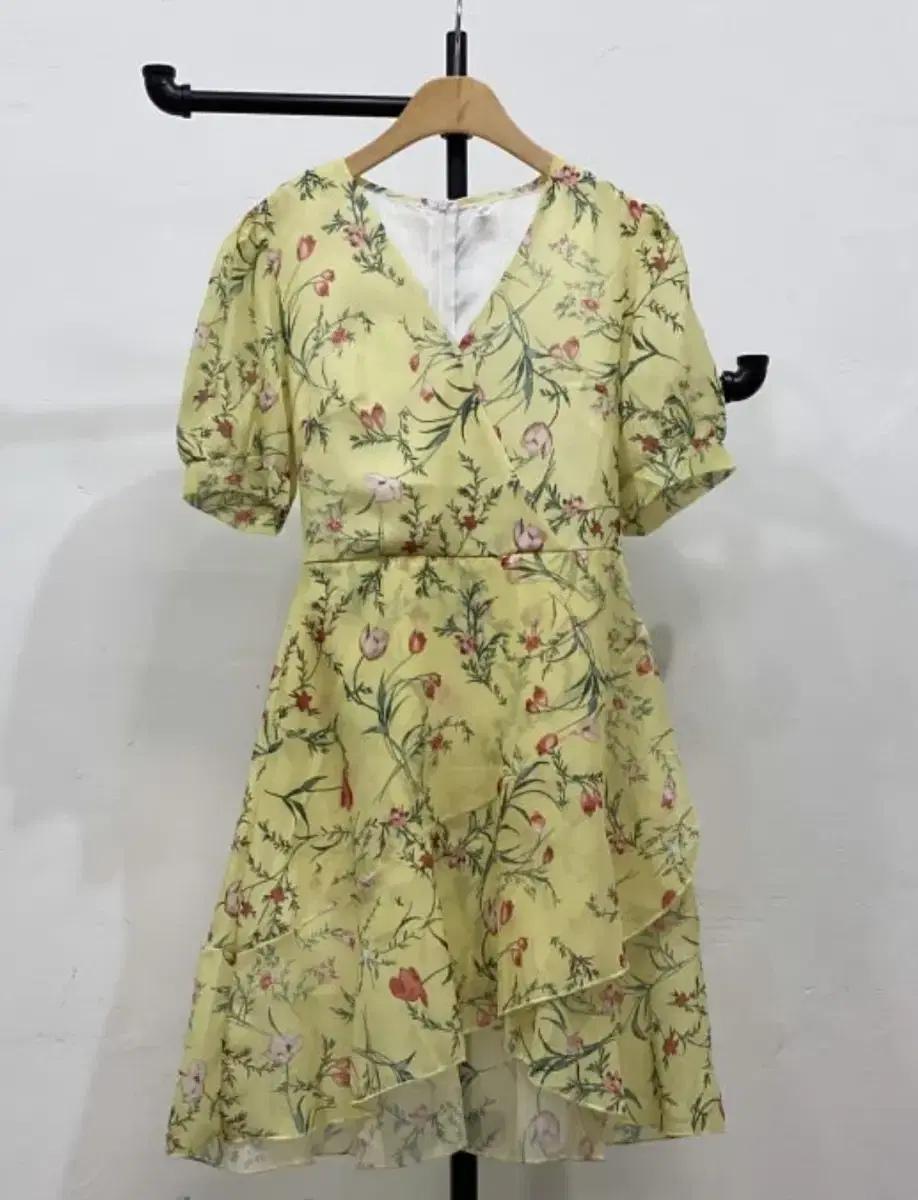 옐로우 플라워 리본 프릴 쉬폰 원피스