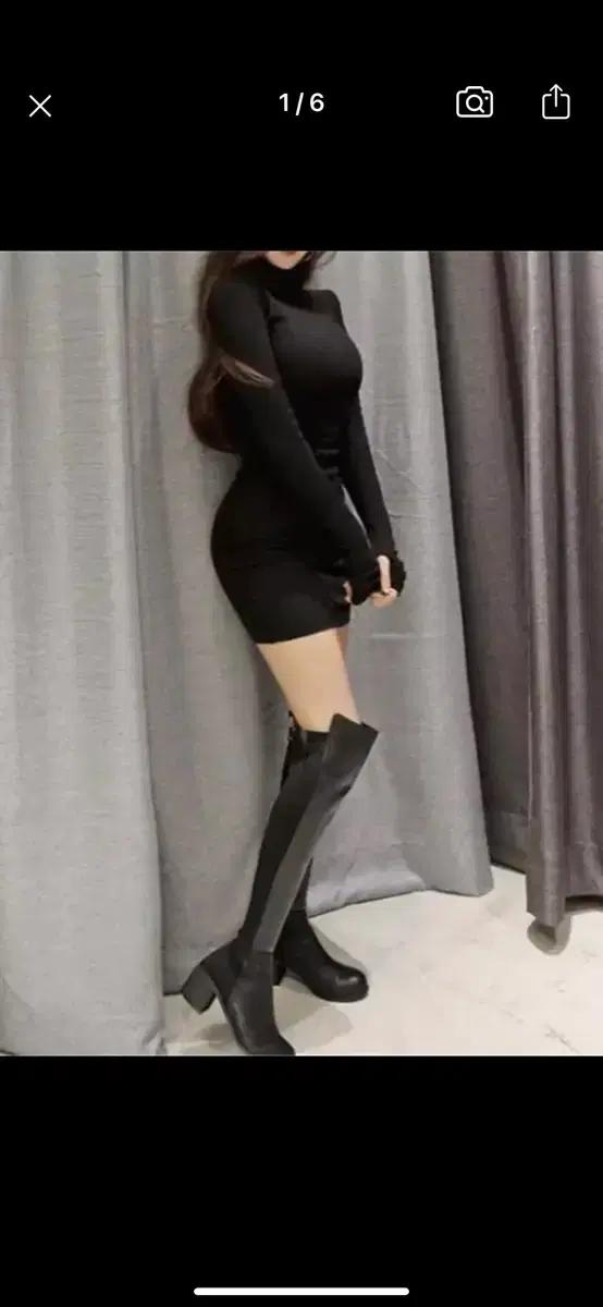 블랙 바디콘 긴팔 미니 니트 원피스