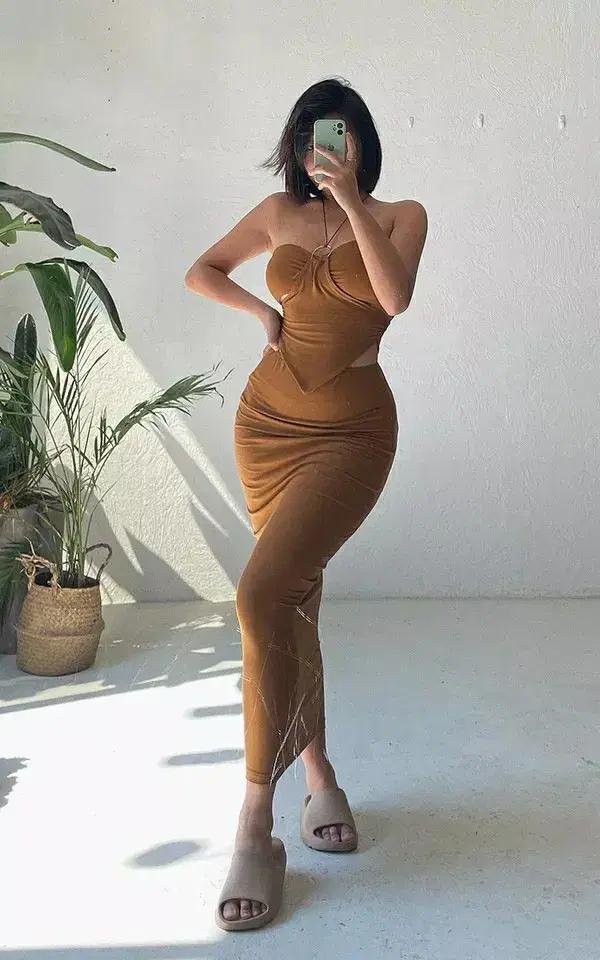 (해외배송) 롱 브라운 카라멜 캐주얼 여자 선드레스 원피스