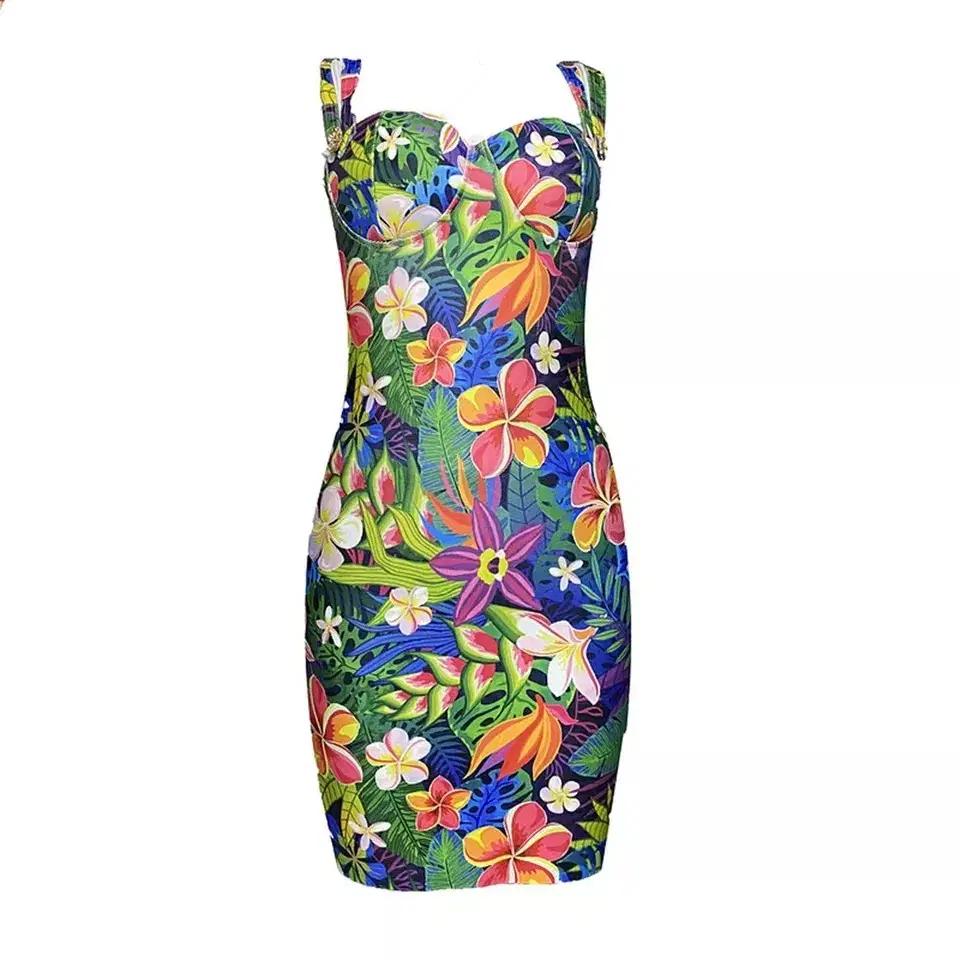 (해외배송) 미니 원피스 트로피컬 여름 꽃무니 프린트 나시 타이트