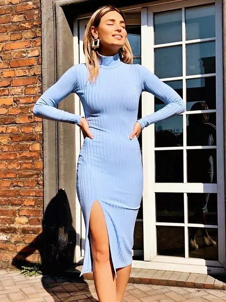 (해외배송) 목폴라 니트 블루 원피스 카키 롱 슬릿 긴팔