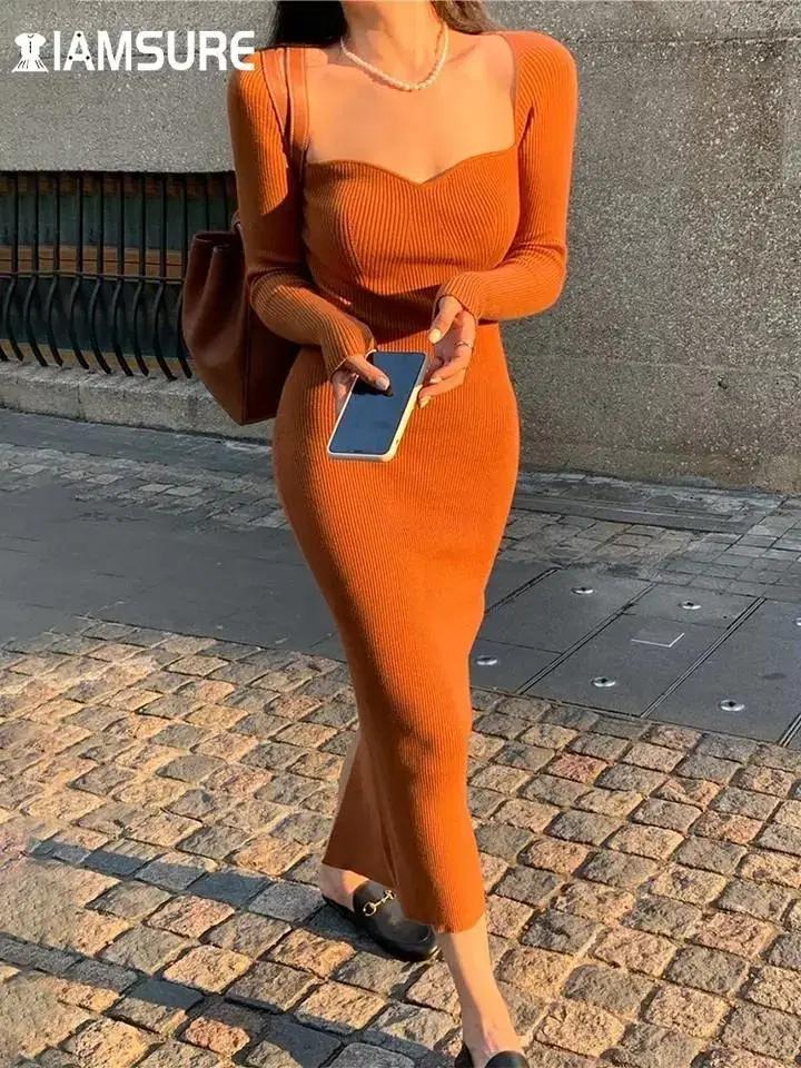 (해외배송) 싱글사이즈 신축성 가을 롱 긴팔 니트 골지 원피스