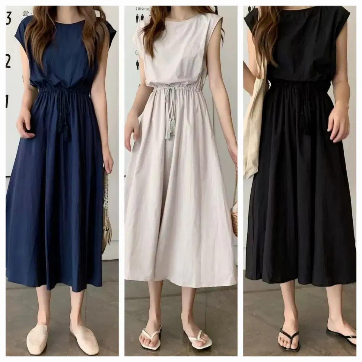 [ 당일출고 ] 코튼(면) '네이비 베이지 블랙 허리끈 민소매' 롱원피스