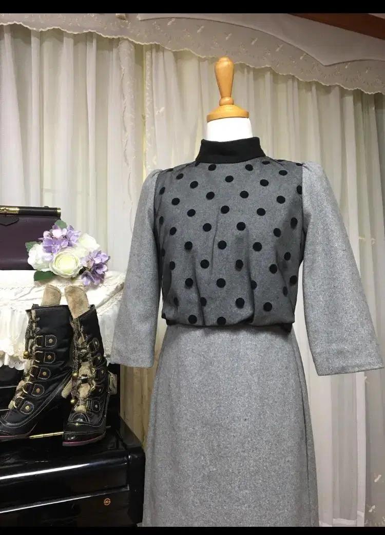 추천!!44 55 모직 소매7부 원피스 하이넥 겨울 원피스 도트 시스루