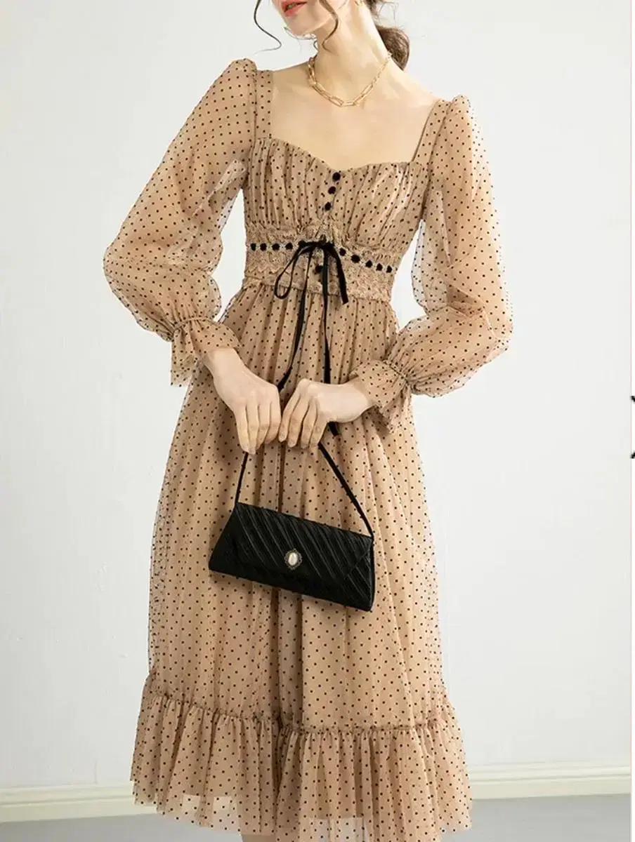 [해외직구 새것] 살구색 쉬폰 도트 롱원피스 반팔 하트넥 44-55