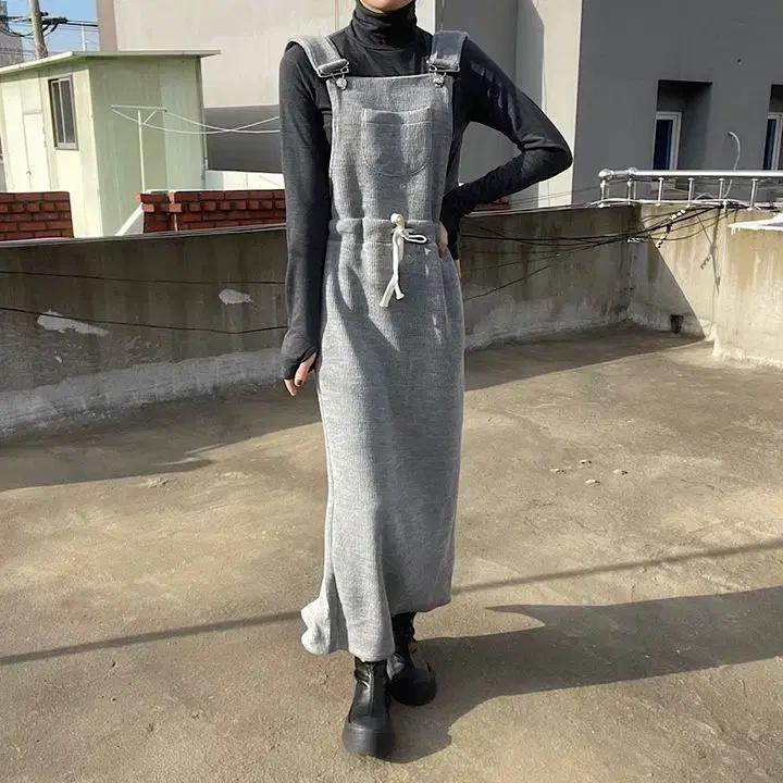 가을 겨울 스퀘어넥 골지 니트 멜빵 원피스 롱원피스 (검정) 에이블리