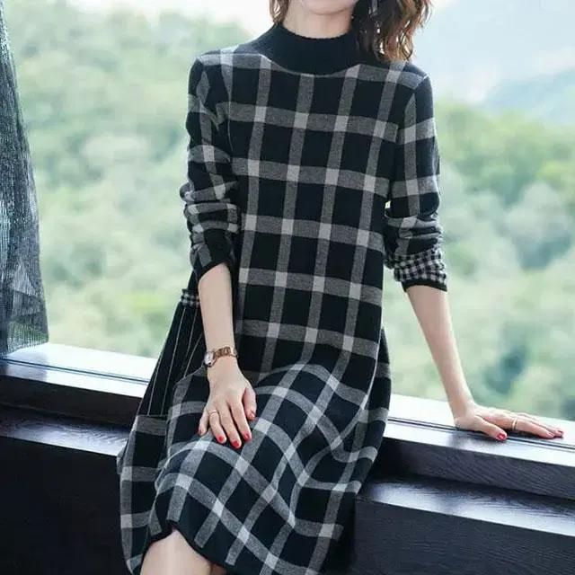 5837 반목 니트 체크원피스 FREE5566-1개