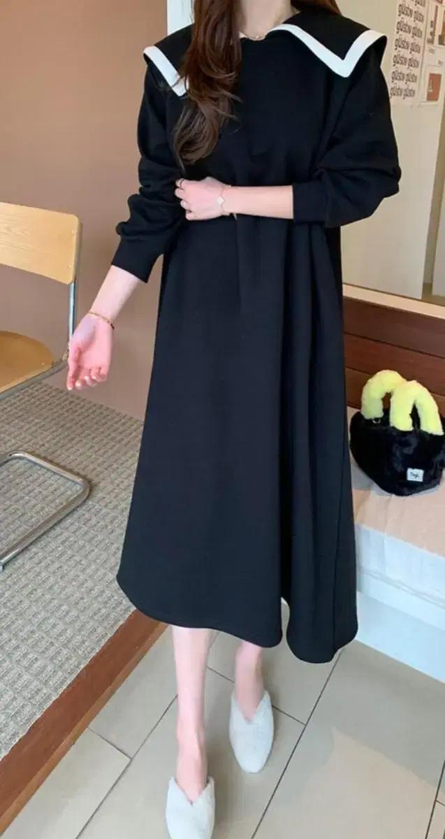 테이핑 세일러 기모 원피스+짱겸디 에코퍼 미니토트백 SET