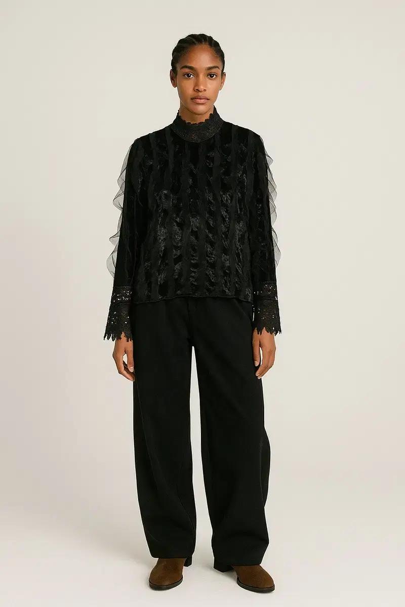 ((개쌈)) 파티룩 고급 레이스 셔링 블라우스