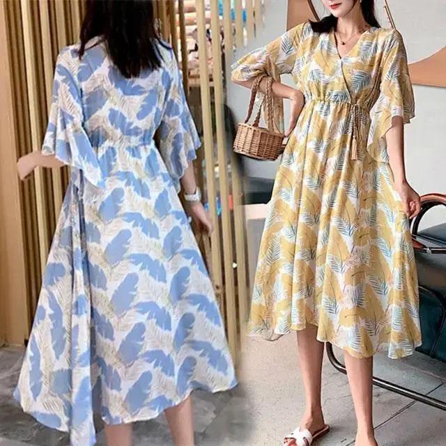 3055 브이넥 프린트 쉬폰원피스 FREE55반 스카이 1, 옐로우 1