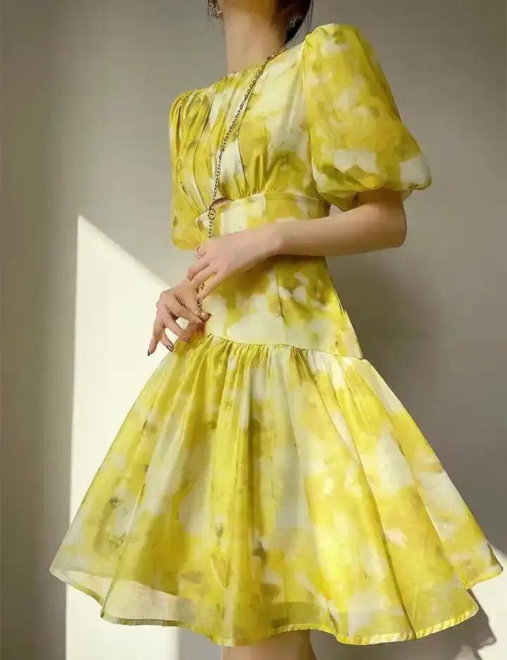 (빅사이즈/해외배송) 쉬폰 오간자 플라워 프린팅 미니 원피스, 퍼프 소매