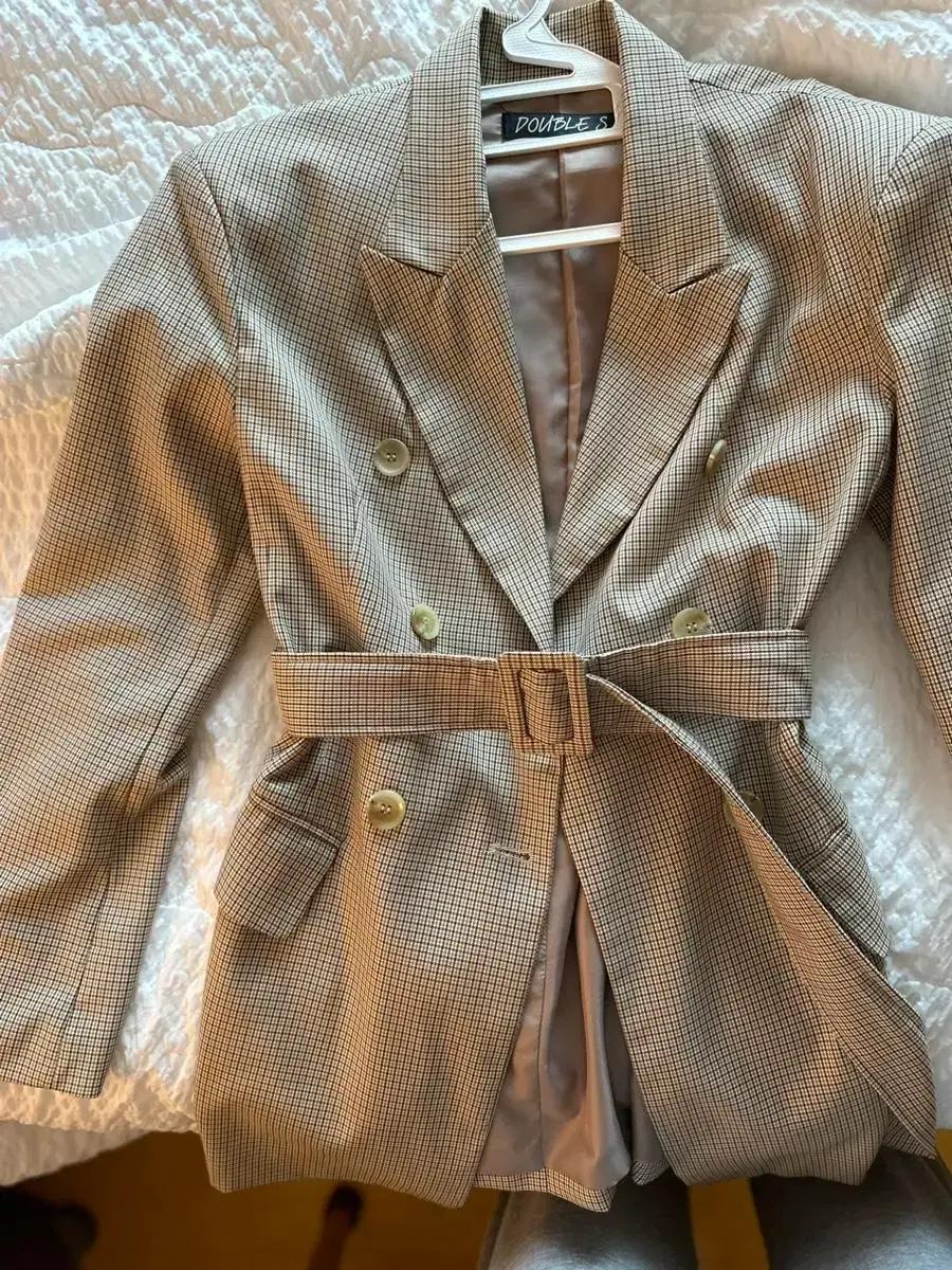 베이지 체크 봄 자켓/원피스