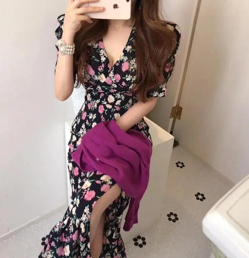 (해외배송/빅사이즈) 플라워 브이넥 퍼프 소매 원피스, 로맨틱 롱드레스