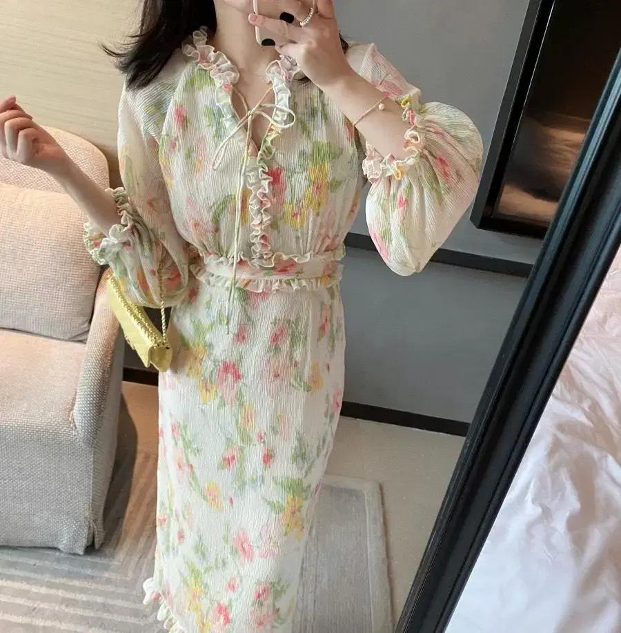 여름 플라워 쉬폰 플리츠 휴양지 롱 원피스 바캉스룩 44사이즈