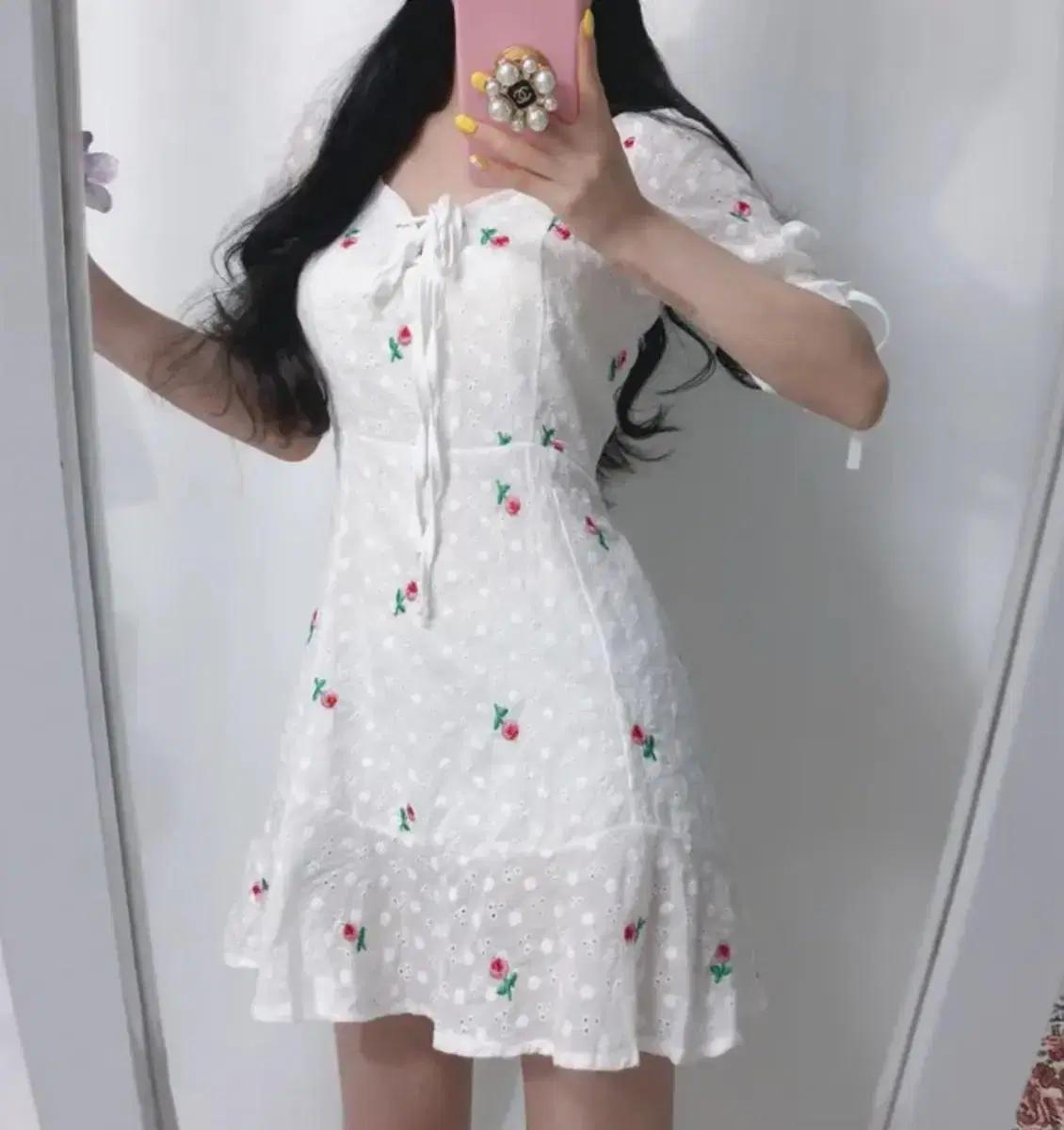 장미 자수 패턴 코르셋 펀칭 스트링 퍼프 소매 러블리 공주 원피스