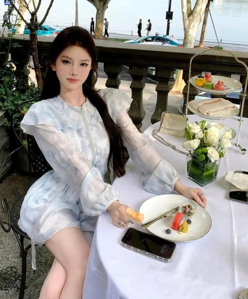 프릴 블라우스 집업 하늘색 투피스 쉬폰치마 하이틴 코디세트 데이트룩