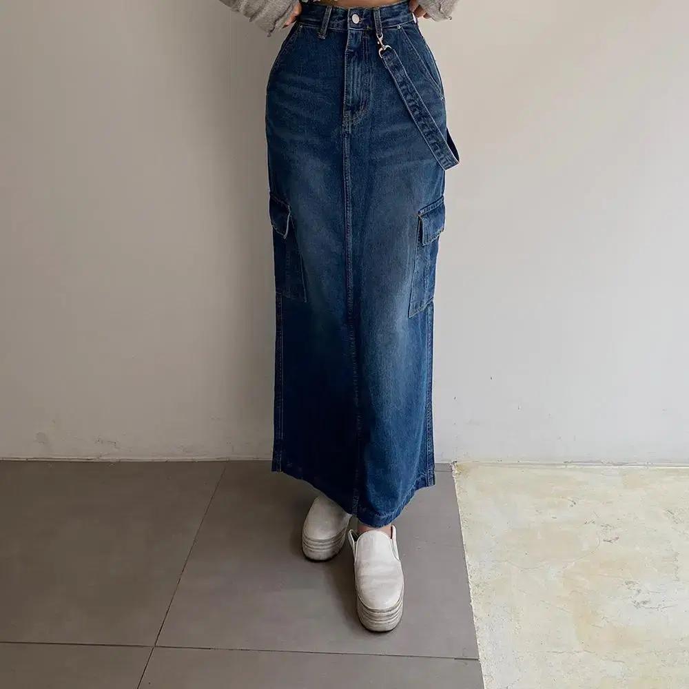 스트랩 카고데님 롱스커트 진청s