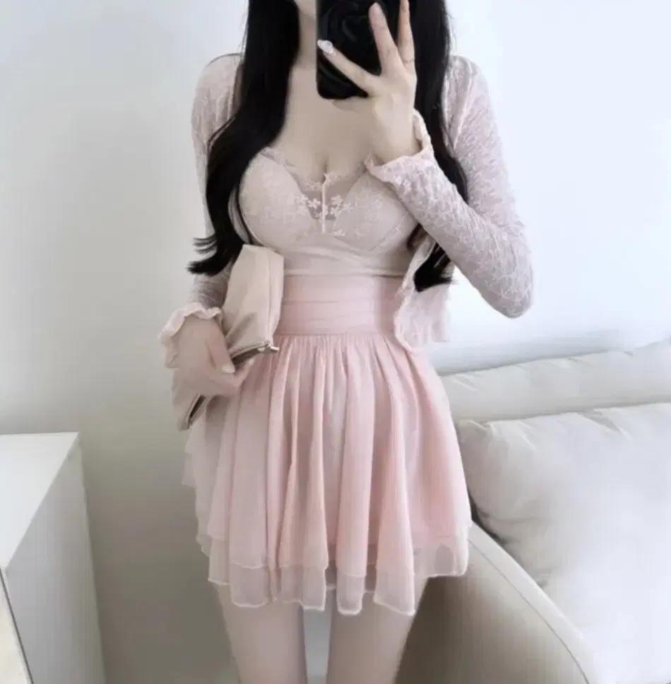 크롭가디건+레이스나시+쉬폰치마 하이틴룩 코디세트 투피스