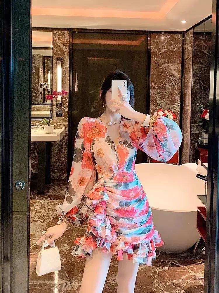 (2c/해외배송/빅사이즈) 라피네 프릴 캉캉 쉬폰 플라워 미니원피스