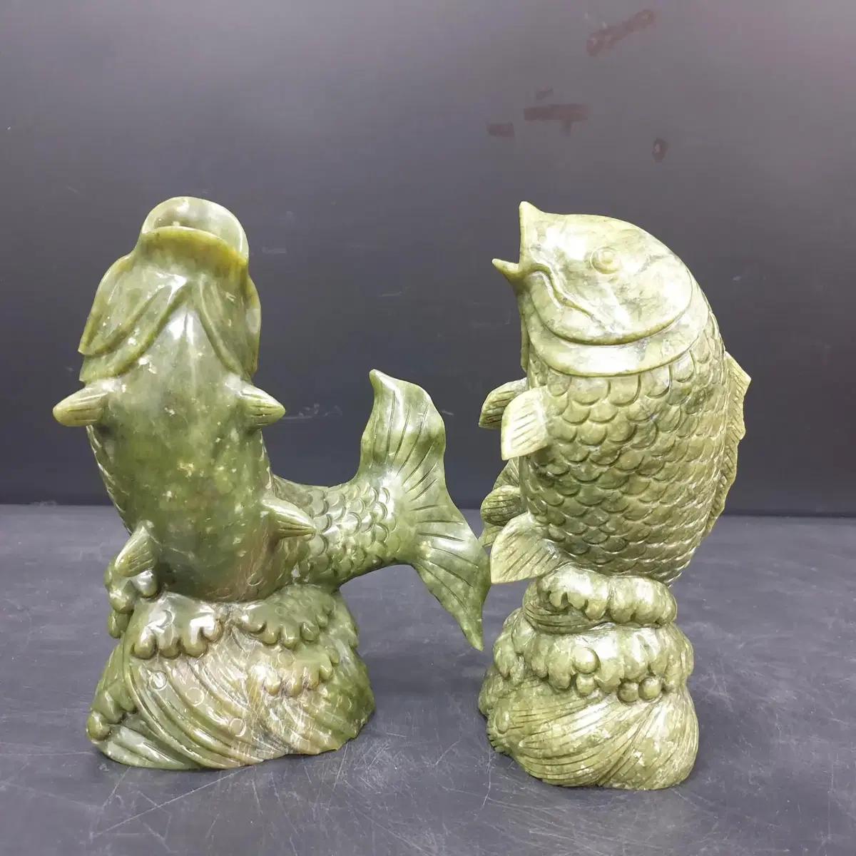 사문옥(Serpentin)잉어조각품 1쌍(어변성룡)