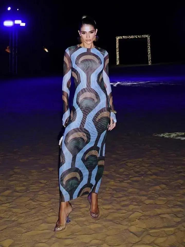 (해외배송) 메쉬 원피스 롱 패턴 쉬어 시스루 파티 긴팔