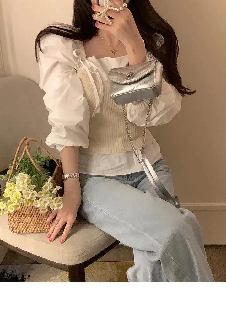 연말룩 겨울 셔링 퍼프 블라우스 리본 셔츠