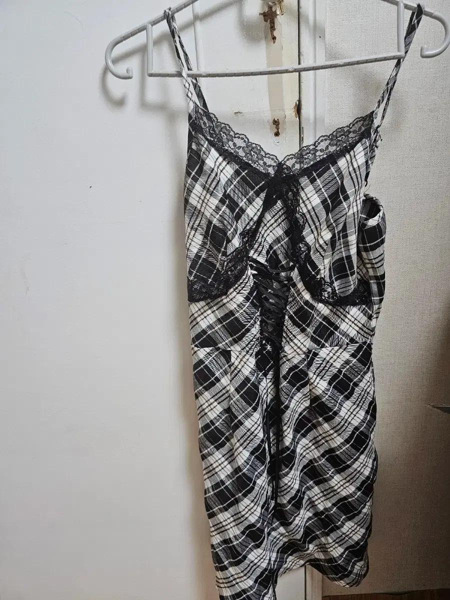 레이스 체크무늬 미니 원피스 끈나시 민소매 리본 여름 데일리룩 파자마 파