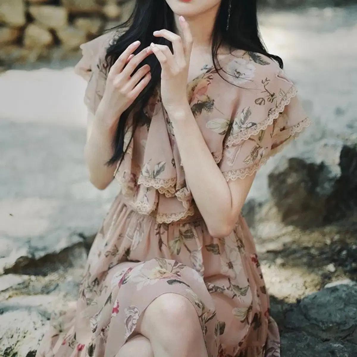 밀크코코아 1398 프릴 레이스 미니 플로럴 여름 쉬폰 원피스