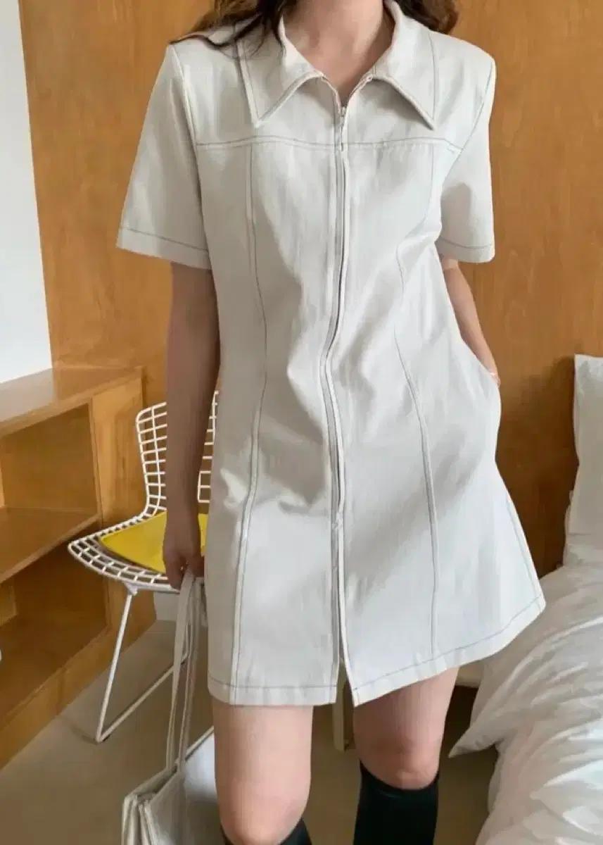 [새상품] 반팔 카라 스티치 집업 셔츠 미니원피스 데일리룩 여행룩