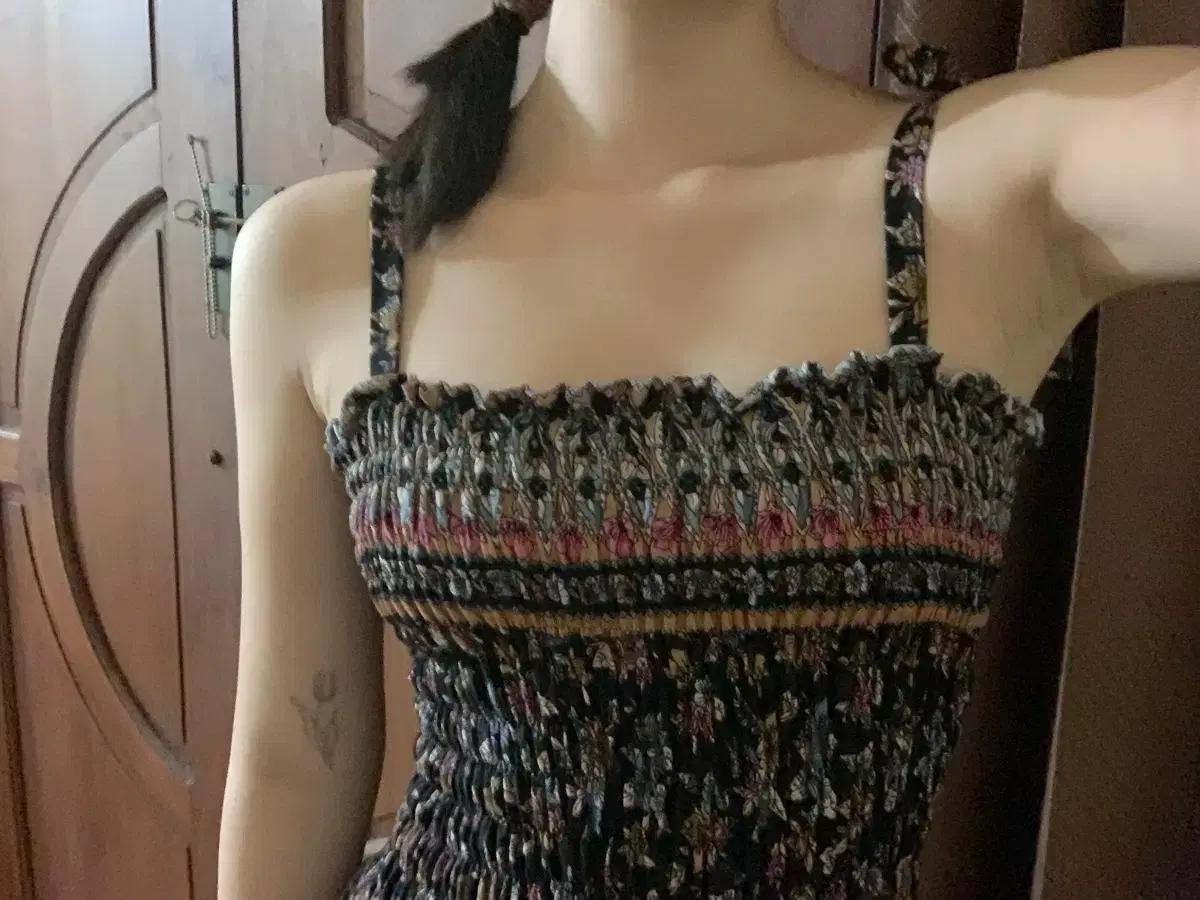 발리 여름 롱 패턴 원피스 스모크 밴딩 에스닉 리본 휴양지