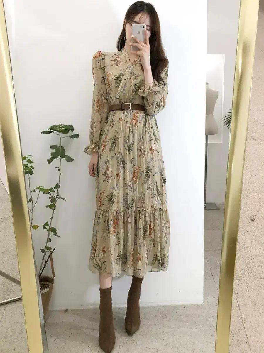 플라워패턴 쉬폰 벨트 롱원피스 가을 봄 초가을 데이트룩 에이블리