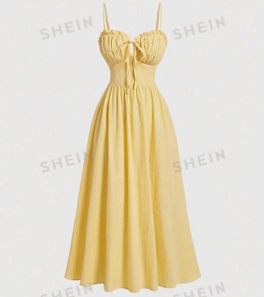 쉬인 여름 원피스 노랑 프릴 끈 스모크 롱원피스 XS사이즈