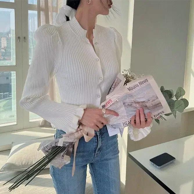 원가5만/퍼프소매 프릴 러플 아이보리 핑크 골지 니트가디건