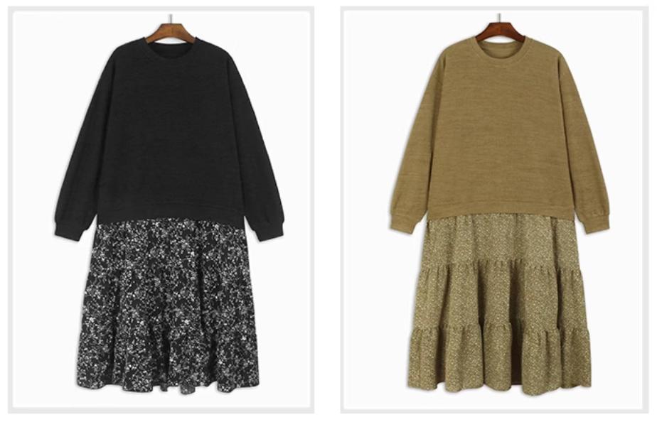 ~88 빅사이즈 니트 레이어드 배색 원피스 쉬폰 플라워 오버핏 캐주얼