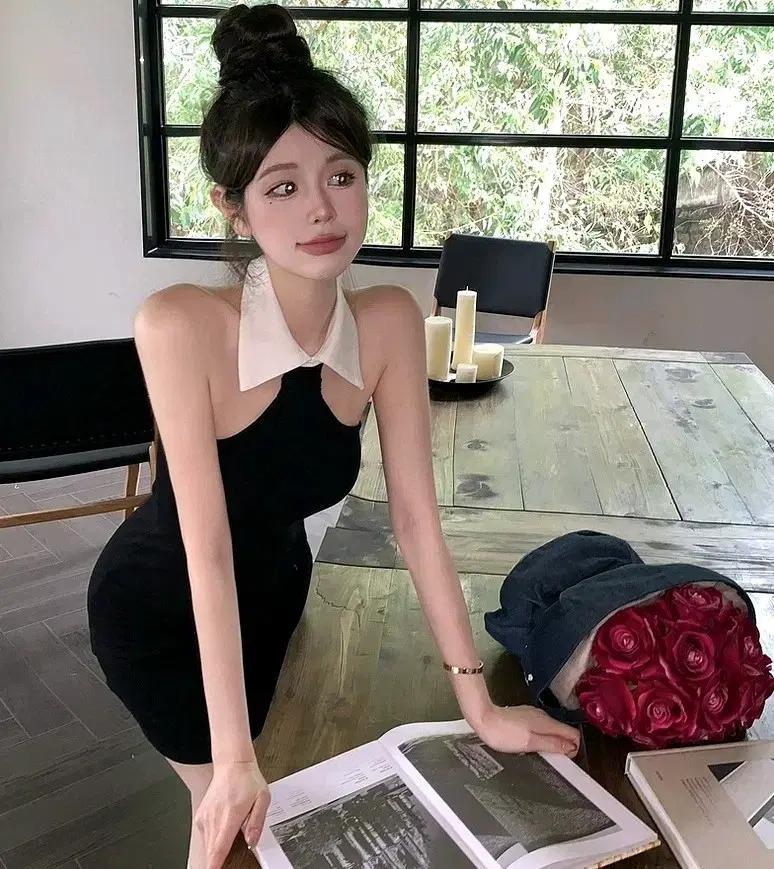 홀터넥 카라원피스 블랙 섹시글램룩 클럽룩 H라인 바캉스원피스