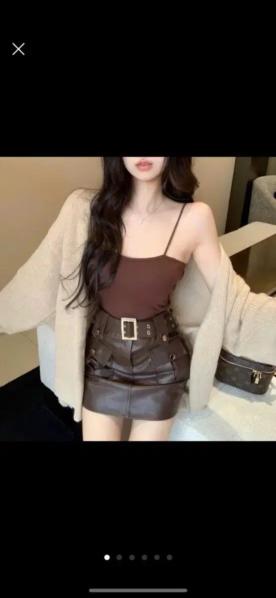 레더 가죽 미니스커트 치마 베이지 가디건 투피스 세트