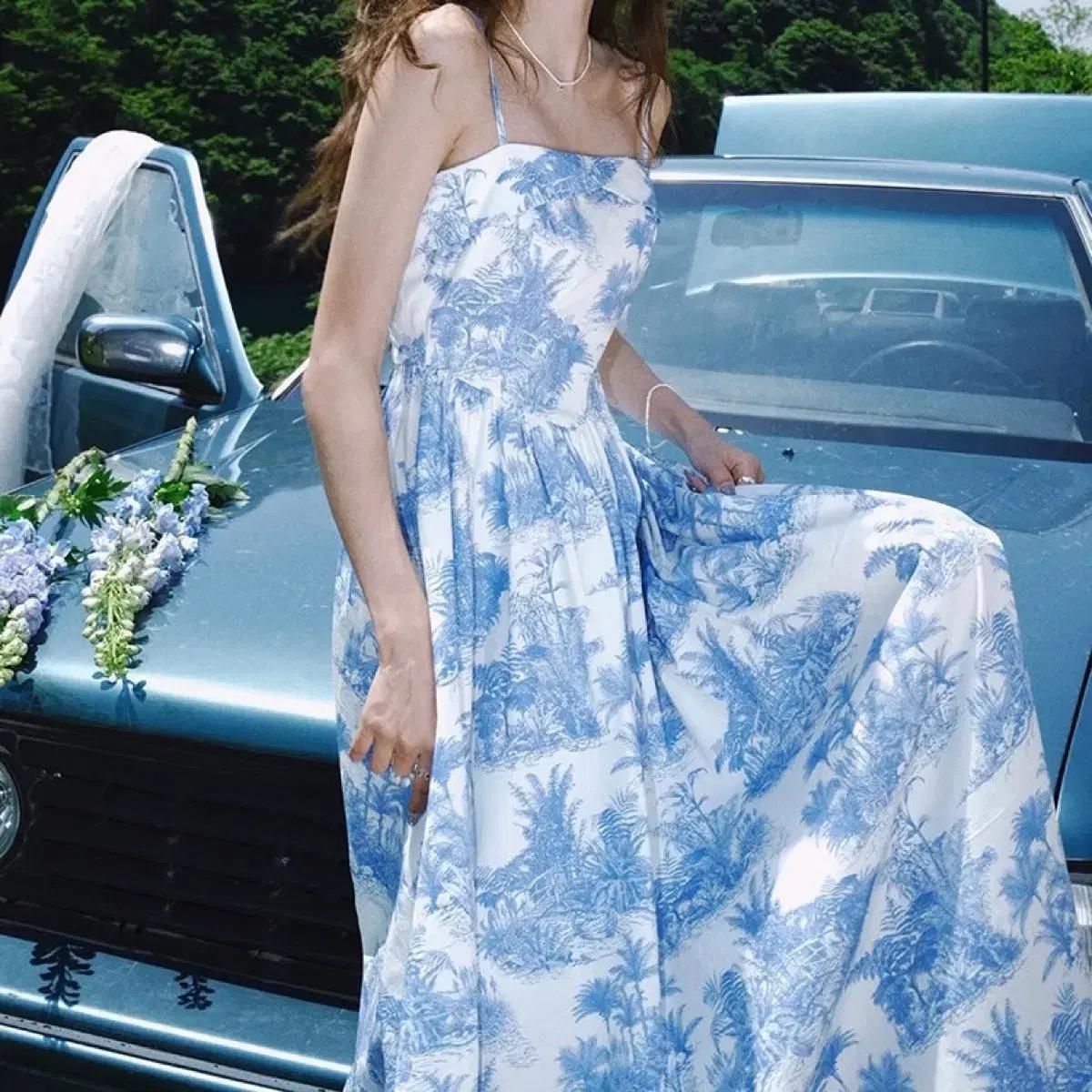 M사이즈)신스덴 블루 포레스트 나시원피스 디오르플로랄원피스휴양지여름원피스