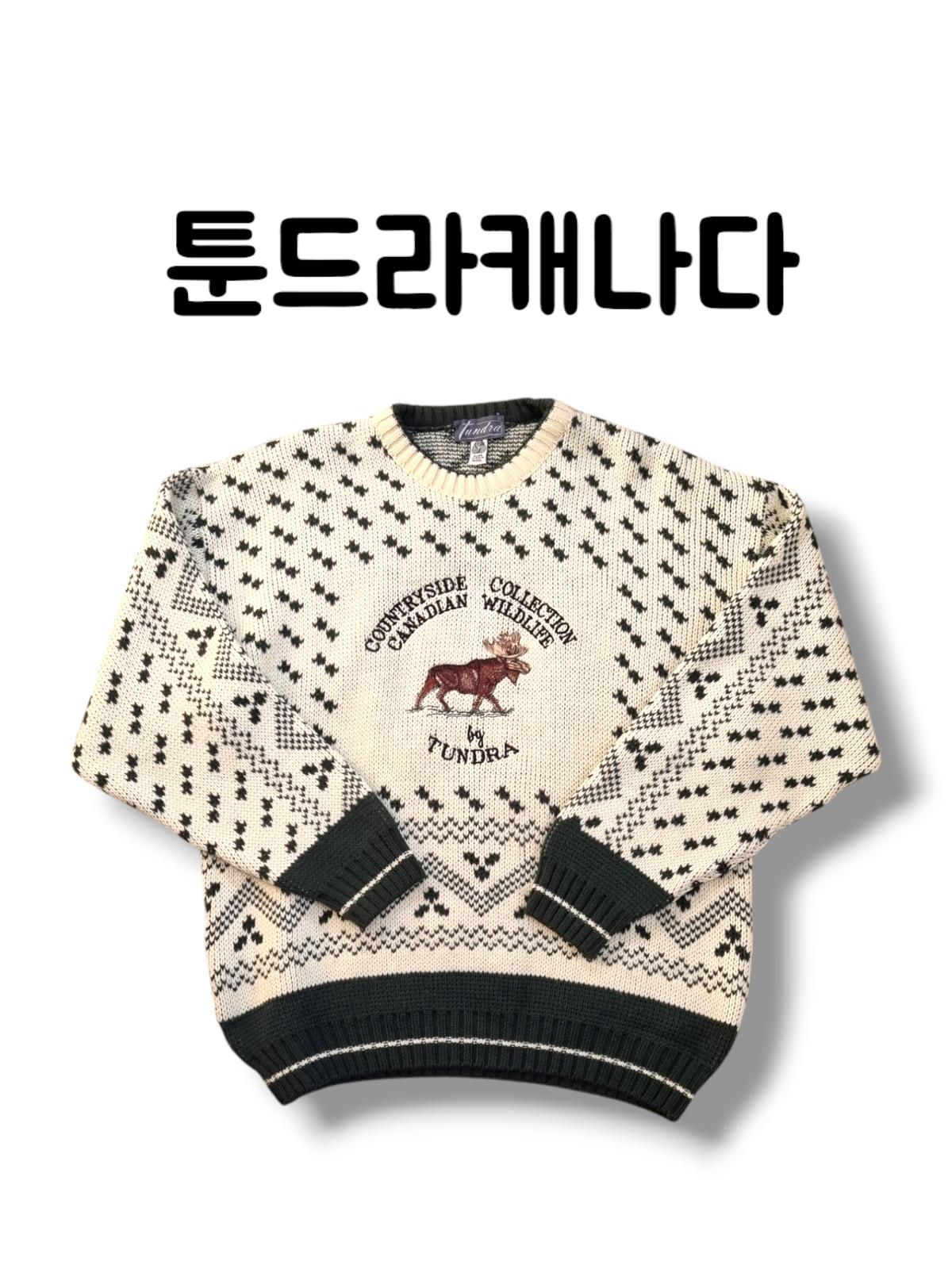 캐나다 제작 툰드라 순록 자수 100% 버진울 니트 L