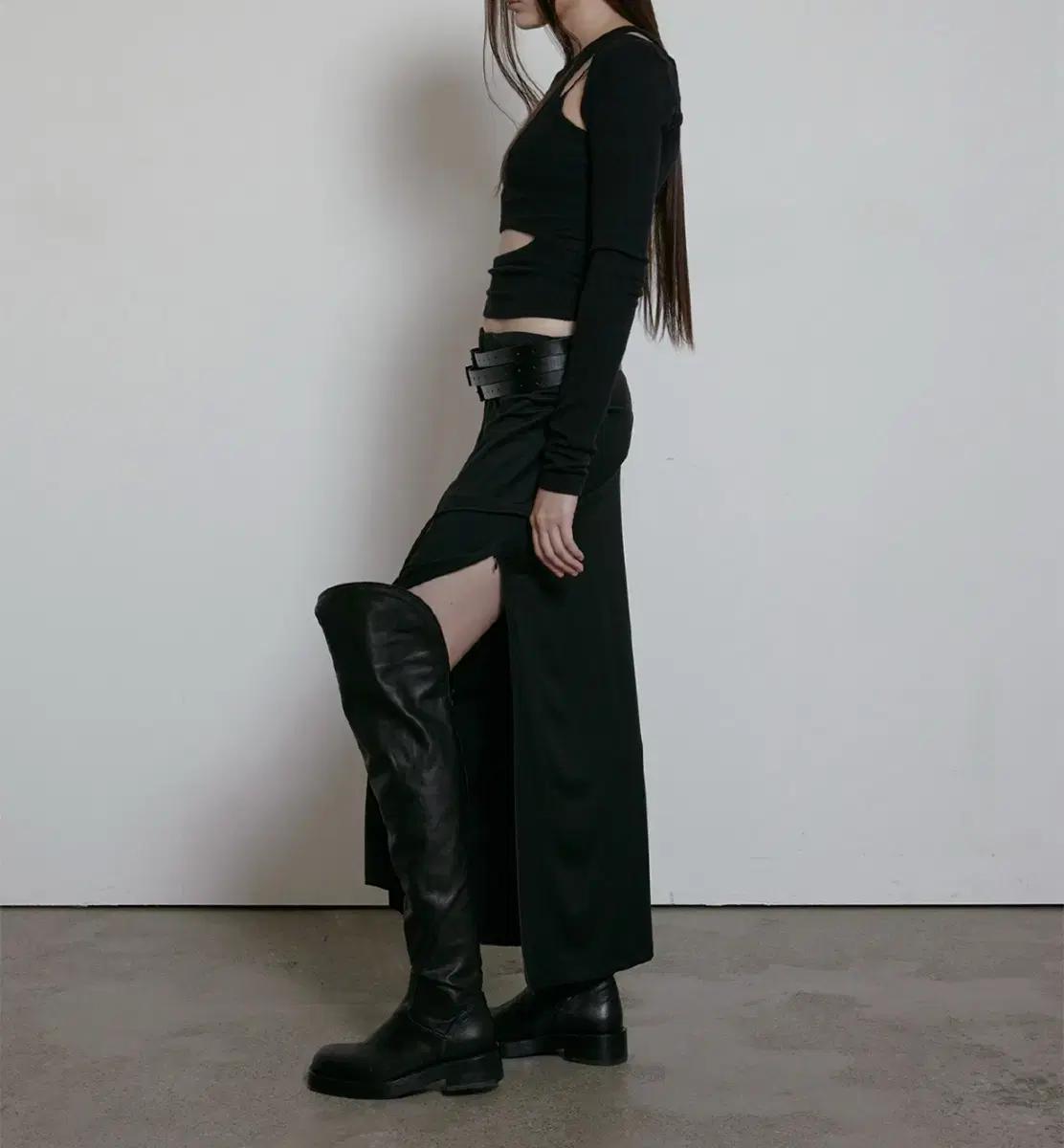 보헤미안서울 LAYERED SHIRRING MAXI SKIRT, 블랙