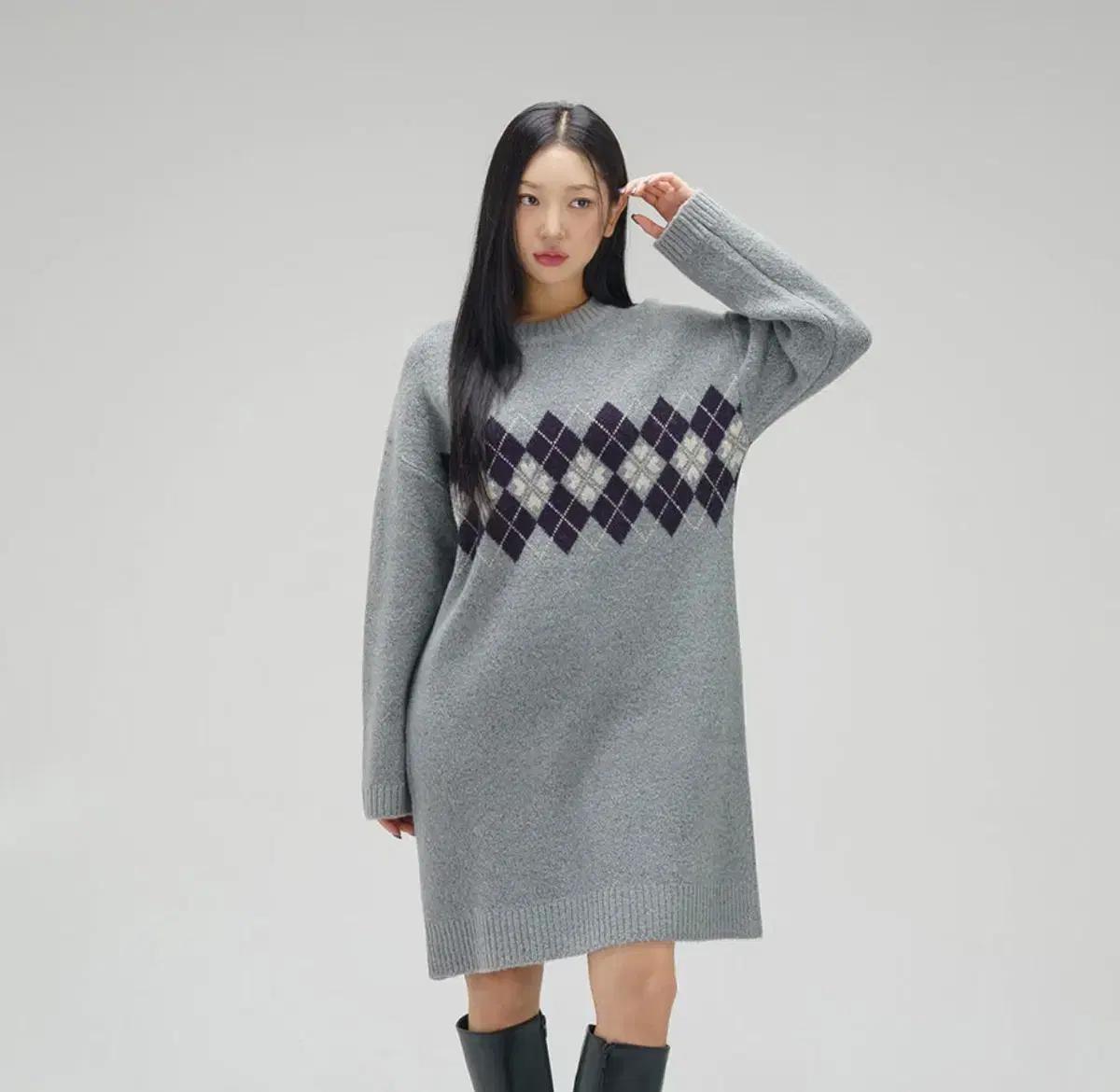 여성 아가일 니트 원피스 그레이 FREE