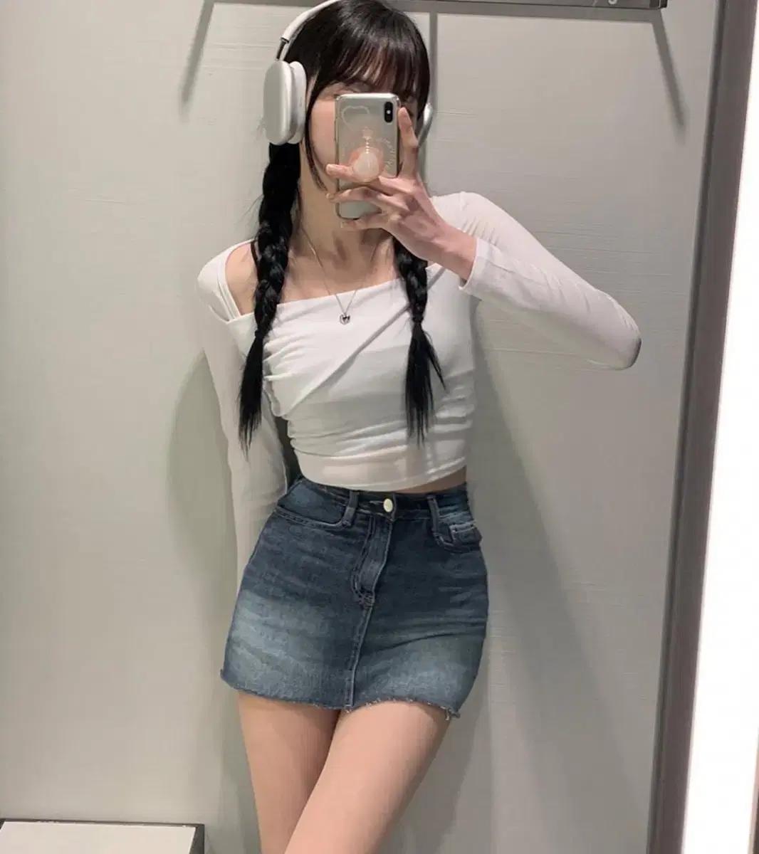 미니포에 코디세트 브러쉬 워싱 진청 데님 치마바지 미니 xs