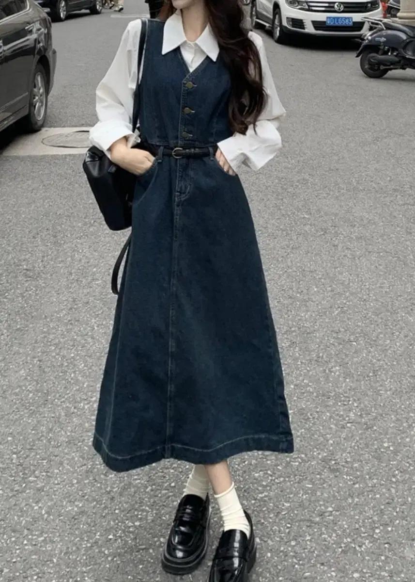 빈티지 데님원피스 셔츠 벨트 세트 / y2k 데일리 캐주얼 러블리 유니크