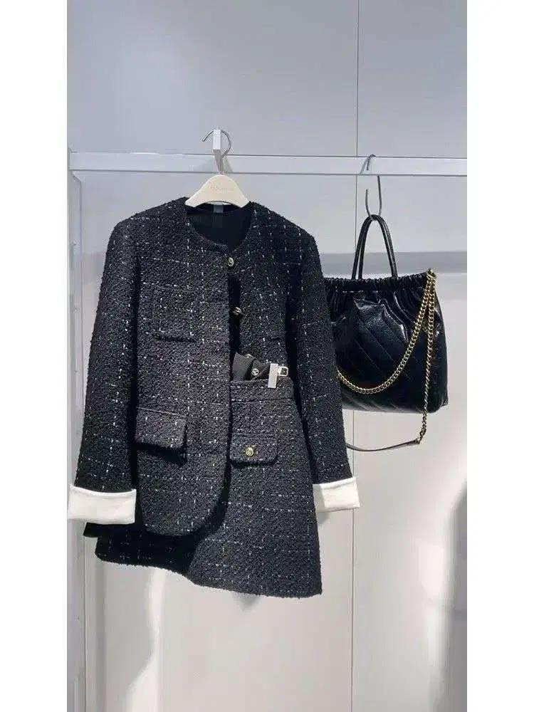 여성 정장 투피스 봄 트위드 자켓 미니스커트 셋업 노카라 재킷