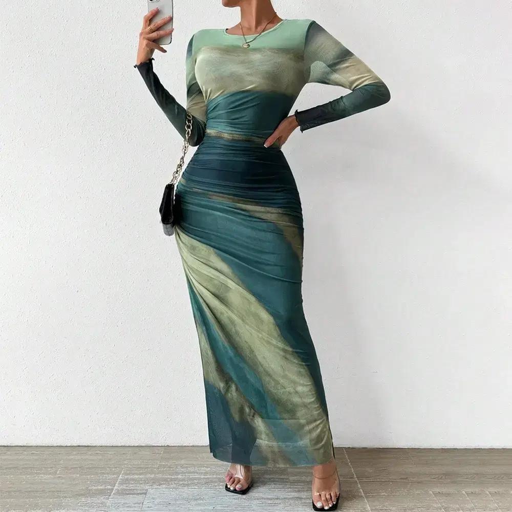 (해외배송) 롱 랩 드레이프 그린 긴팔 드레스 원피스 파티