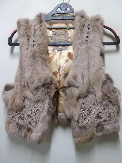 써스데이아일랜드 소가죽배색 토끼퍼 베스트 볼레로 크롭자켓 택S