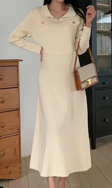 여성 옐로 봄가을 니트 롱 원피스 66