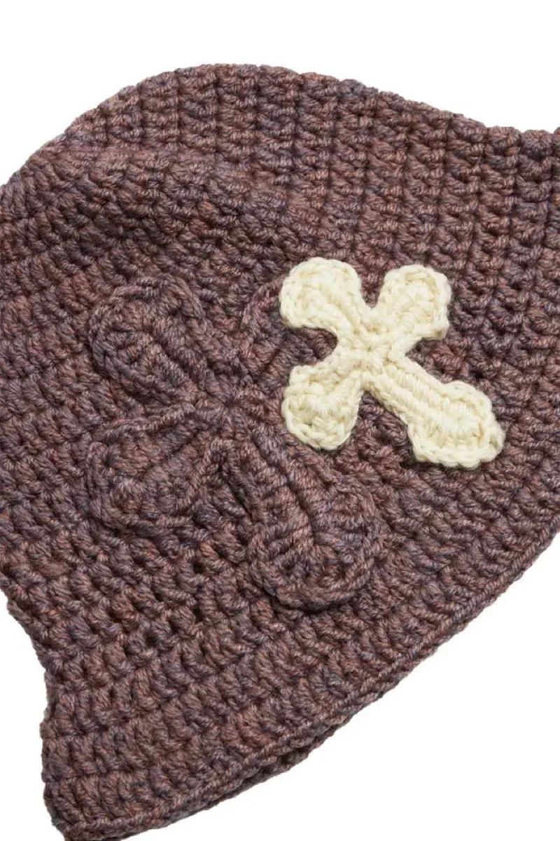 Y.a.r.n 화이트 크로스패치 니트 버킷햇 초코브라운