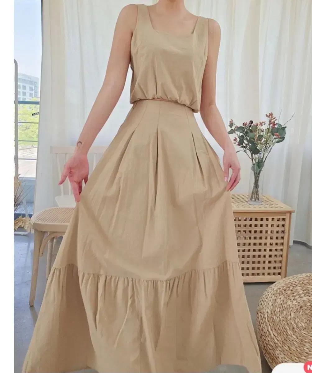 새상품 린넨나시 롱치마셋업 꾸안꾸