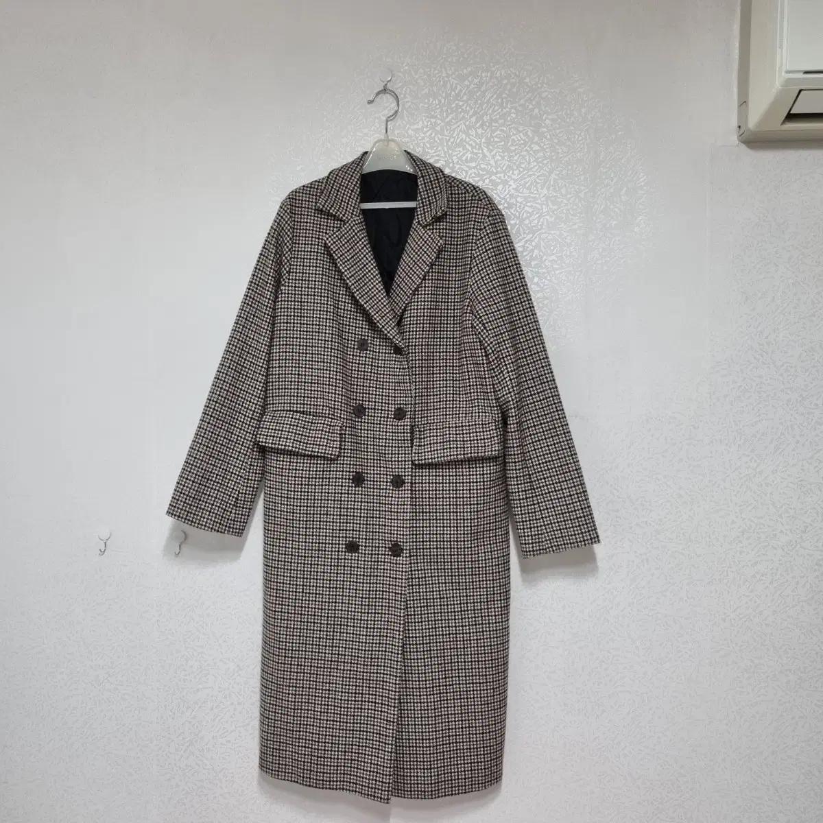 브라운 더블 체크 롱코트 누빔 헤링본 하운드체크